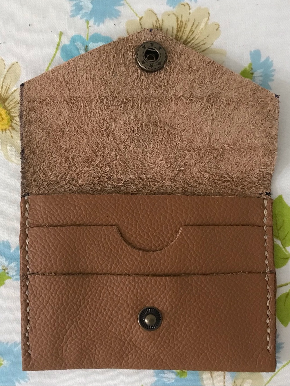 Hand Crafted Tan Leather Card Wallet with Brass Button